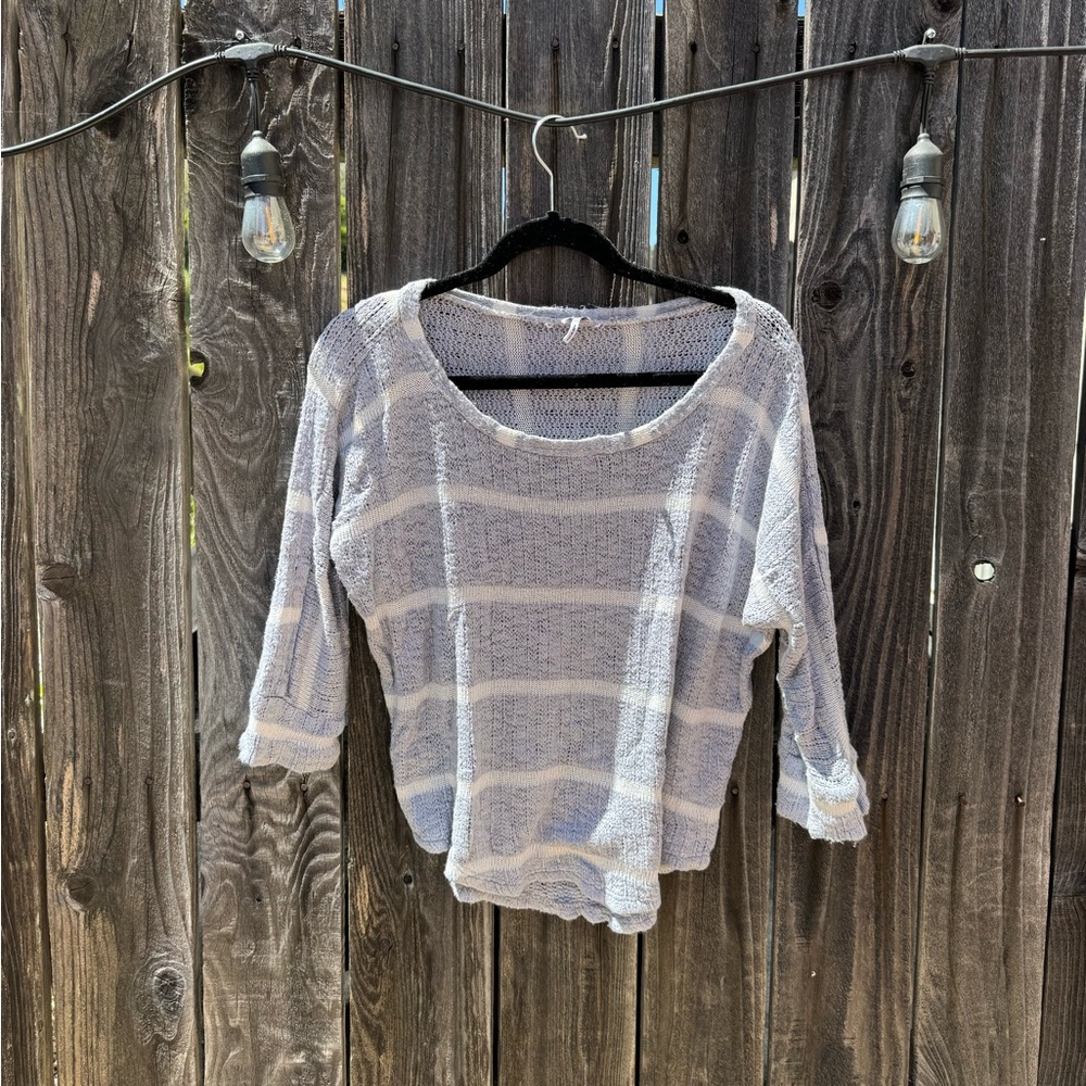 Splendid Antwerp Grey White Striped Scoop Neck Knit 3/4 sleeve Sweater small